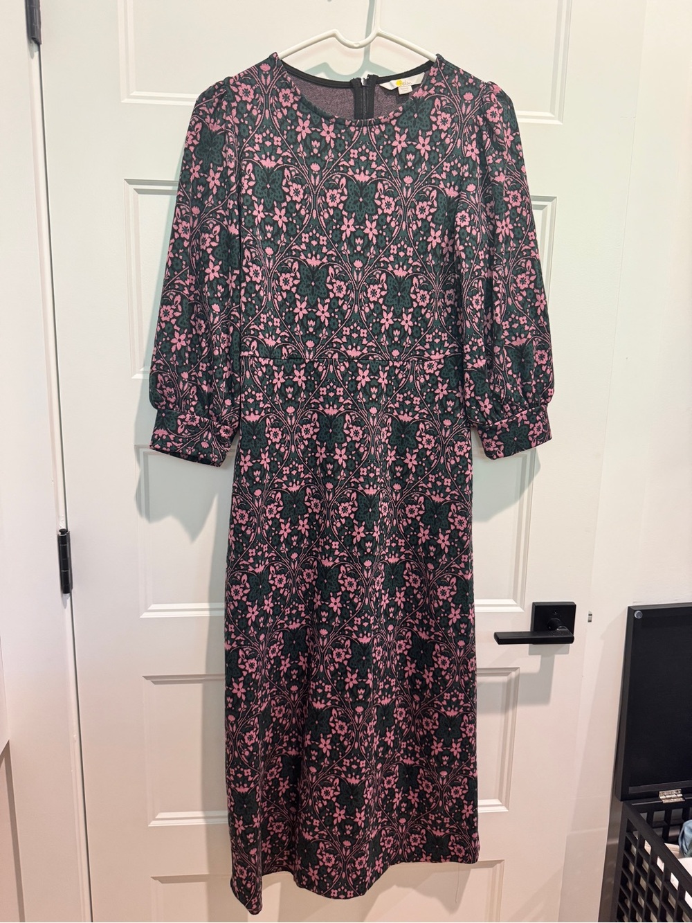 Boden Pink and Black Floral Long-Sleeve Midi Dress